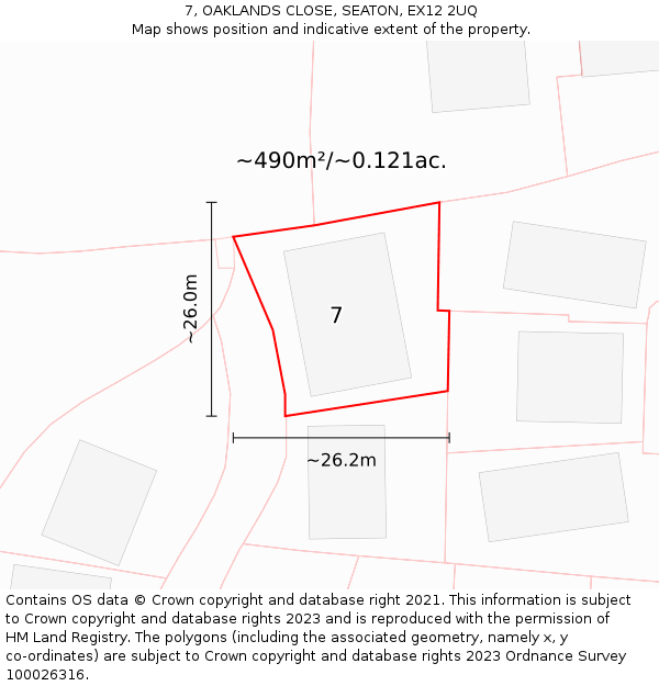 7, OAKLANDS CLOSE, SEATON, EX12 2UQ: Plot and title map
