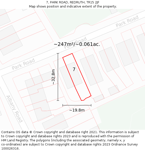 7, PARK ROAD, REDRUTH, TR15 2JF: Plot and title map