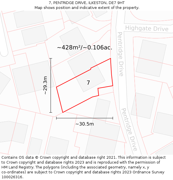 7, PENTRIDGE DRIVE, ILKESTON, DE7 9HT: Plot and title map
