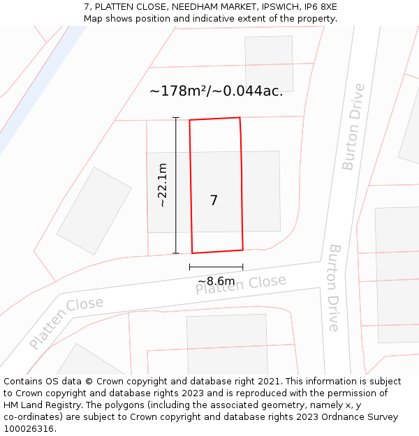 7, PLATTEN CLOSE, NEEDHAM MARKET, IPSWICH, IP6 8XE: Plot and title map