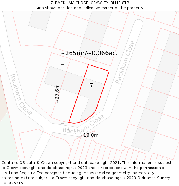 7, RACKHAM CLOSE, CRAWLEY, RH11 8TB: Plot and title map