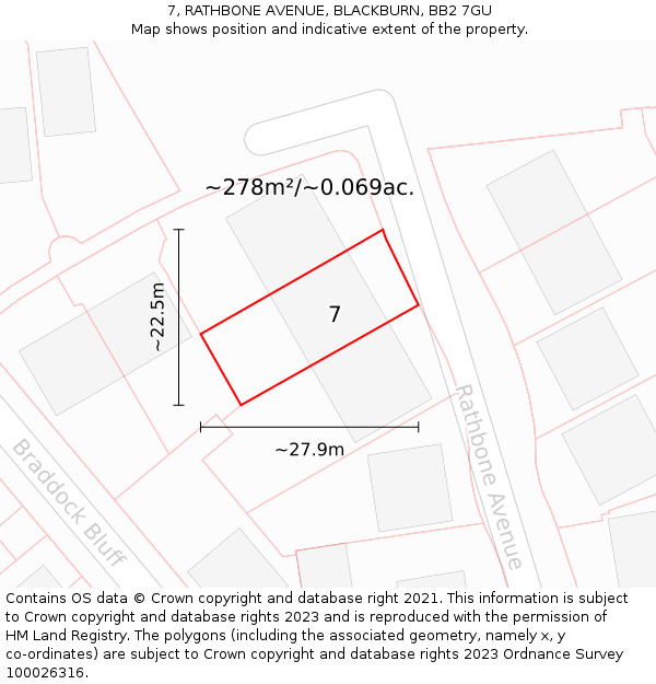7, RATHBONE AVENUE, BLACKBURN, BB2 7GU: Plot and title map