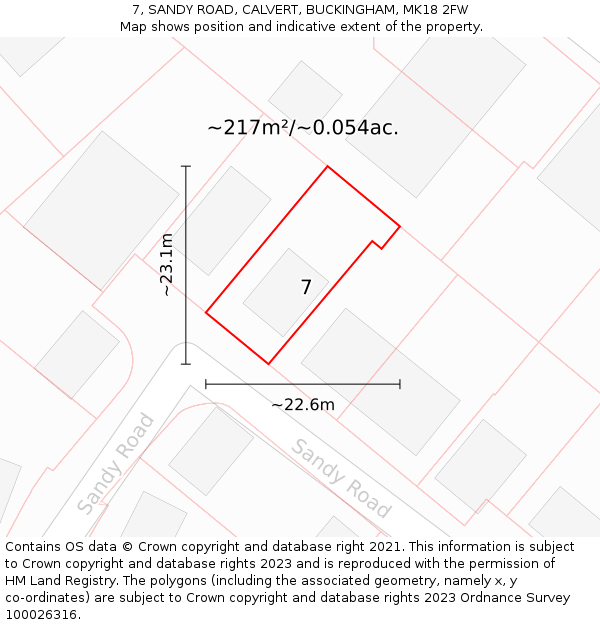 7, SANDY ROAD, CALVERT, BUCKINGHAM, MK18 2FW: Plot and title map