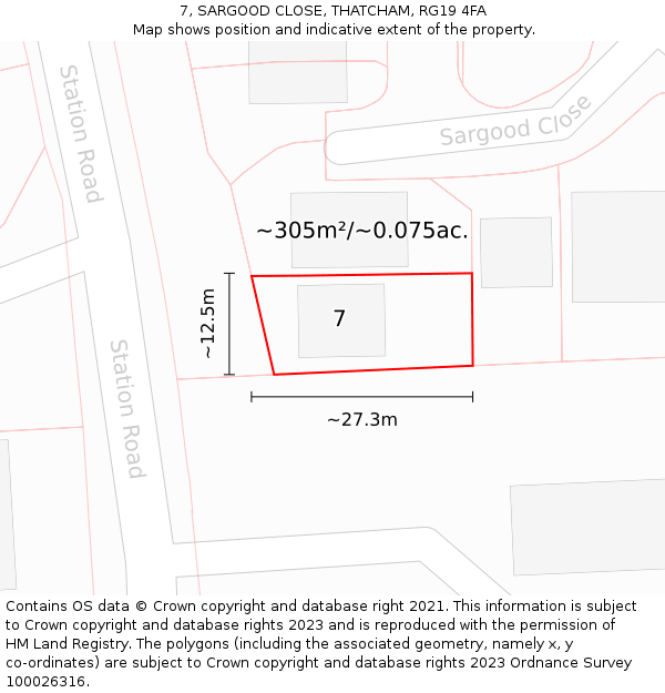 7, SARGOOD CLOSE, THATCHAM, RG19 4FA: Plot and title map