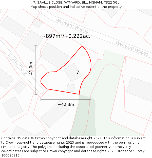 7, SAVILLE CLOSE, WYNYARD, BILLINGHAM, TS22 5GL: Plot and title map