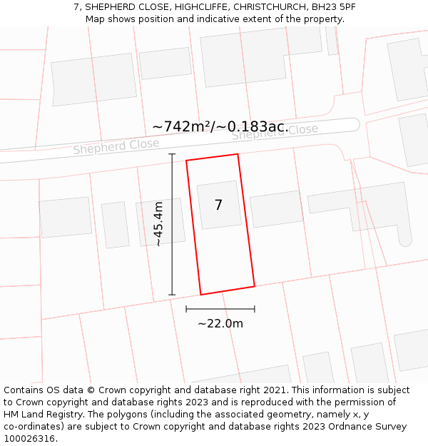 7, SHEPHERD CLOSE, HIGHCLIFFE, CHRISTCHURCH, BH23 5PF: Plot and title map