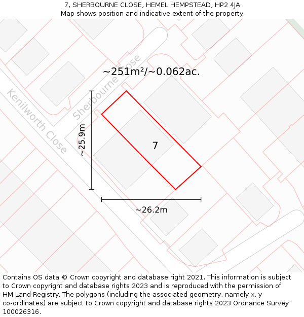 7, SHERBOURNE CLOSE, HEMEL HEMPSTEAD, HP2 4JA: Plot and title map