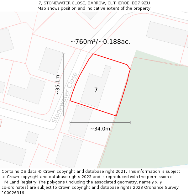 7, STONEWATER CLOSE, BARROW, CLITHEROE, BB7 9ZU: Plot and title map