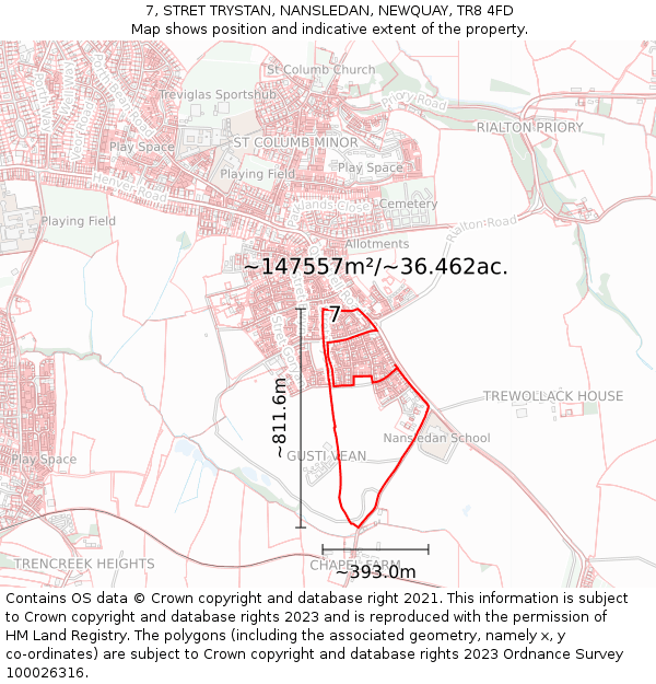7, STRET TRYSTAN, NANSLEDAN, NEWQUAY, TR8 4FD: Plot and title map