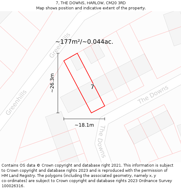 7, THE DOWNS, HARLOW, CM20 3RD: Plot and title map