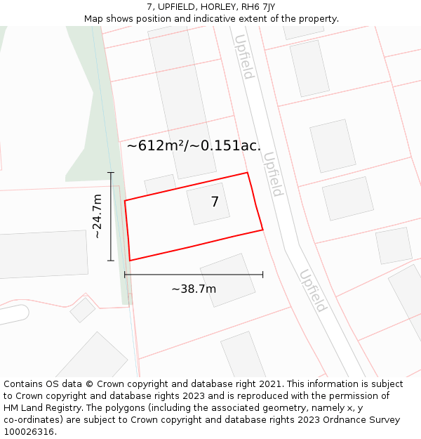 7, UPFIELD, HORLEY, RH6 7JY: Plot and title map