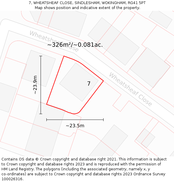 7, WHEATSHEAF CLOSE, SINDLESHAM, WOKINGHAM, RG41 5PT: Plot and title map