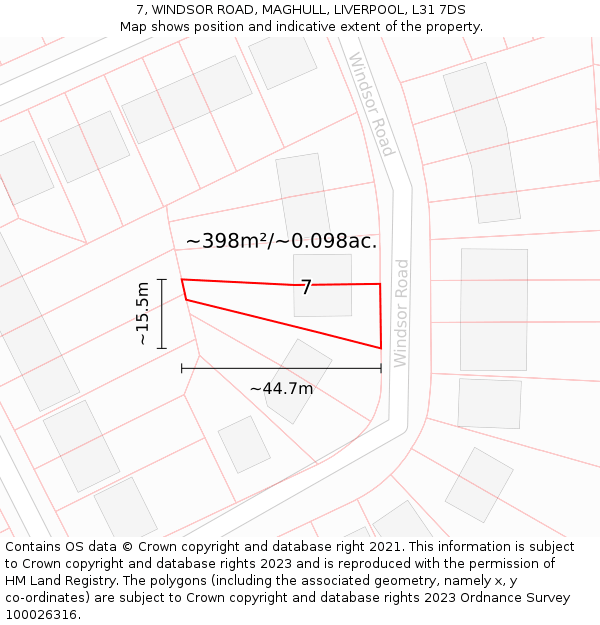 7, WINDSOR ROAD, MAGHULL, LIVERPOOL, L31 7DS: Plot and title map