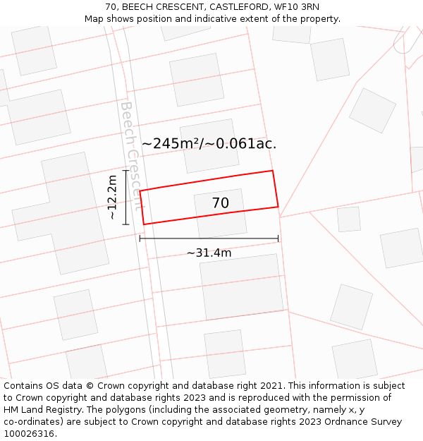 70, BEECH CRESCENT, CASTLEFORD, WF10 3RN: Plot and title map