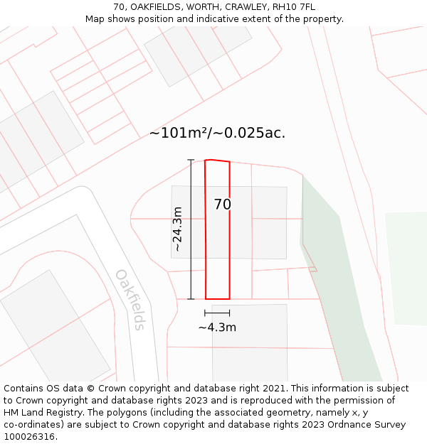 70, OAKFIELDS, WORTH, CRAWLEY, RH10 7FL: Plot and title map