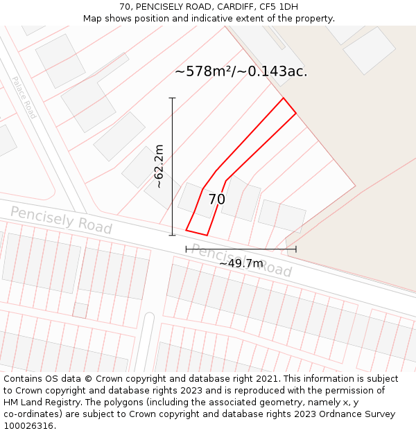 70, PENCISELY ROAD, CARDIFF, CF5 1DH: Plot and title map