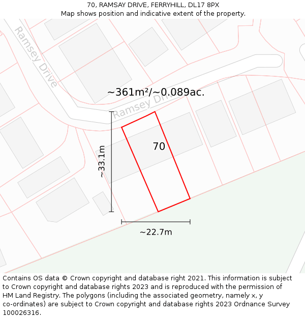 70, RAMSAY DRIVE, FERRYHILL, DL17 8PX: Plot and title map