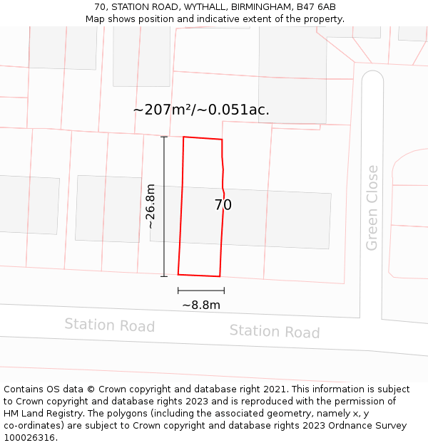 70, STATION ROAD, WYTHALL, BIRMINGHAM, B47 6AB: Plot and title map