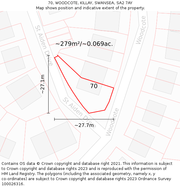 70, WOODCOTE, KILLAY, SWANSEA, SA2 7AY: Plot and title map