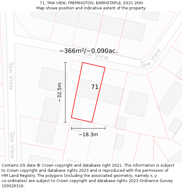 71, TAW VIEW, FREMINGTON, BARNSTAPLE, EX31 2NN: Plot and title map