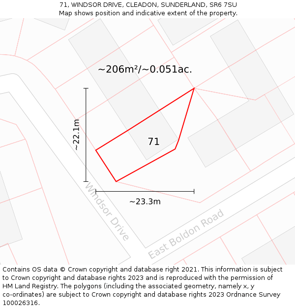 71, WINDSOR DRIVE, CLEADON, SUNDERLAND, SR6 7SU: Plot and title map