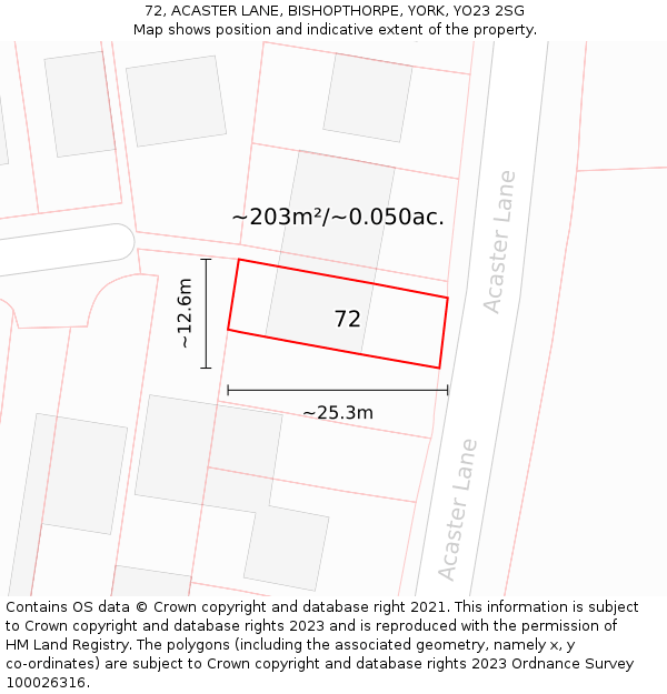 72, ACASTER LANE, BISHOPTHORPE, YORK, YO23 2SG: Plot and title map