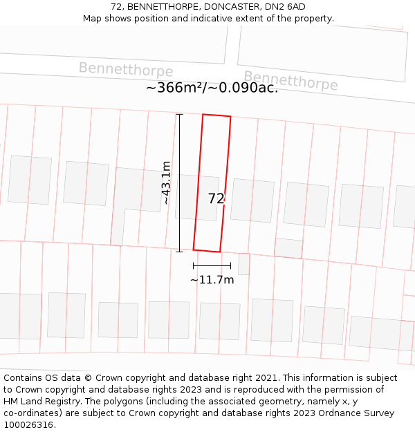 72, BENNETTHORPE, DONCASTER, DN2 6AD: Plot and title map