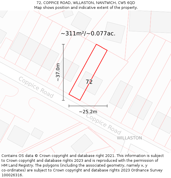 72, COPPICE ROAD, WILLASTON, NANTWICH, CW5 6QD: Plot and title map