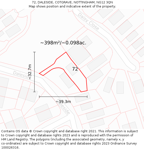 72, DALESIDE, COTGRAVE, NOTTINGHAM, NG12 3QN: Plot and title map