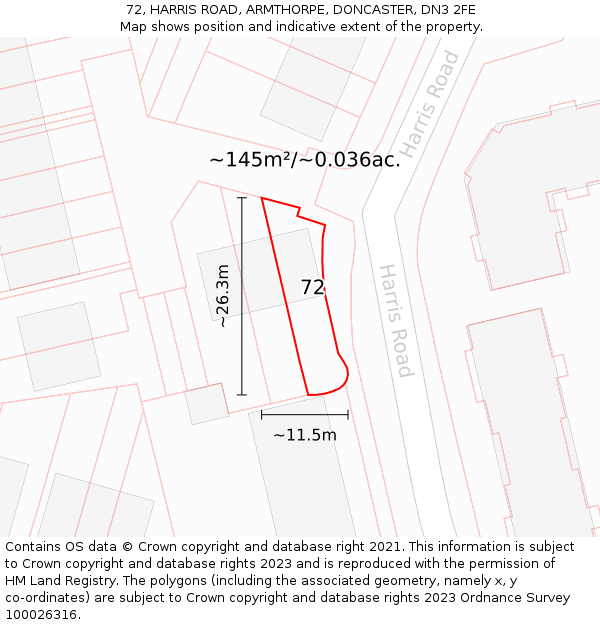 72, HARRIS ROAD, ARMTHORPE, DONCASTER, DN3 2FE: Plot and title map
