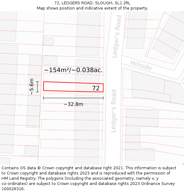 72, LEDGERS ROAD, SLOUGH, SL1 2RL: Plot and title map