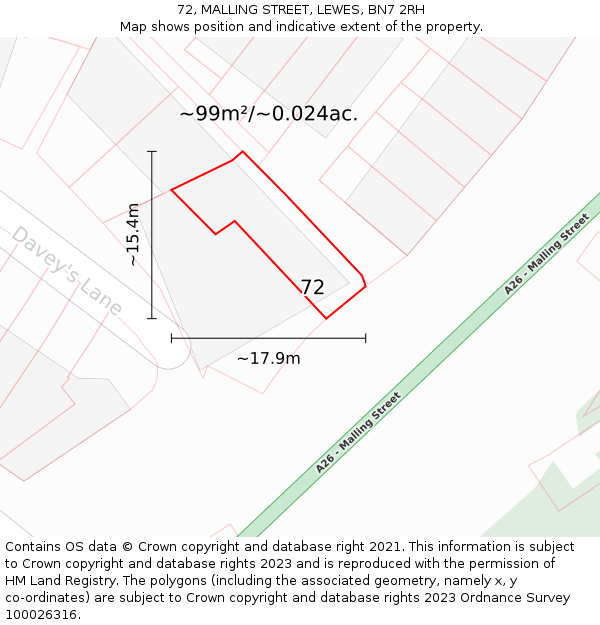 72, MALLING STREET, LEWES, BN7 2RH: Plot and title map