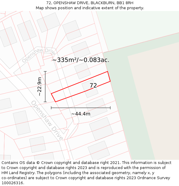 72, OPENSHAW DRIVE, BLACKBURN, BB1 8RH: Plot and title map