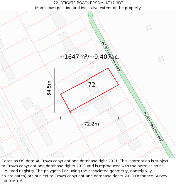72, REIGATE ROAD, EPSOM, KT17 3DT: Plot and title map
