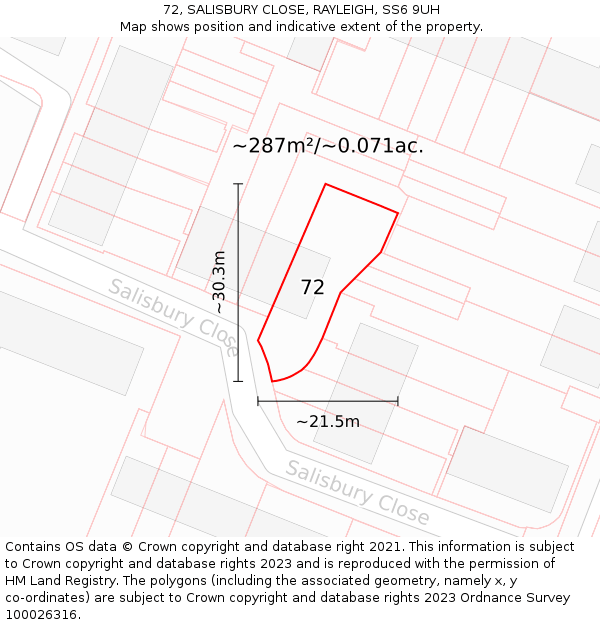 72, SALISBURY CLOSE, RAYLEIGH, SS6 9UH: Plot and title map