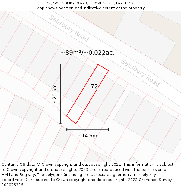 72, SALISBURY ROAD, GRAVESEND, DA11 7DE: Plot and title map