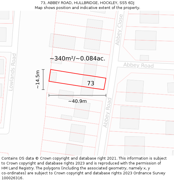 73, ABBEY ROAD, HULLBRIDGE, HOCKLEY, SS5 6DJ: Plot and title map