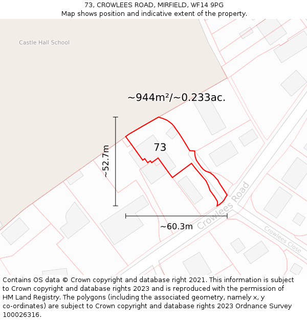 73, CROWLEES ROAD, MIRFIELD, WF14 9PG: Plot and title map