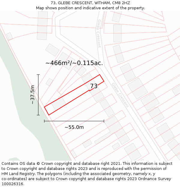73, GLEBE CRESCENT, WITHAM, CM8 2HZ: Plot and title map