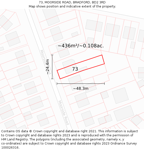 73, MOORSIDE ROAD, BRADFORD, BD2 3RD: Plot and title map