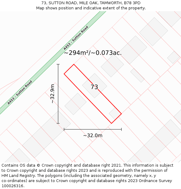 73, SUTTON ROAD, MILE OAK, TAMWORTH, B78 3PD: Plot and title map
