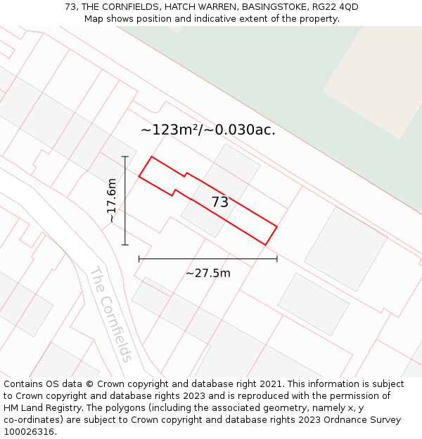73, THE CORNFIELDS, HATCH WARREN, BASINGSTOKE, RG22 4QD: Plot and title map
