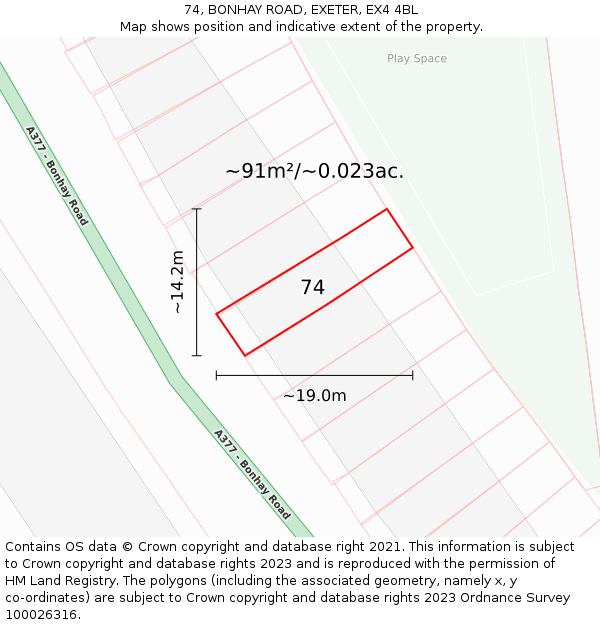 74, BONHAY ROAD, EXETER, EX4 4BL: Plot and title map