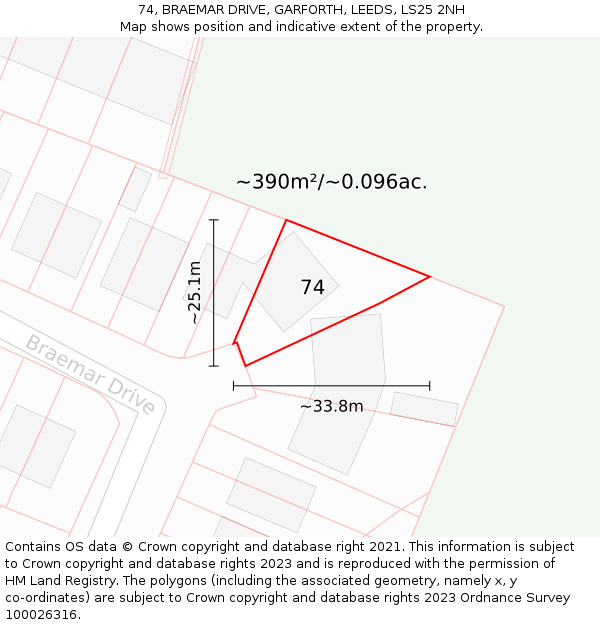 74, BRAEMAR DRIVE, GARFORTH, LEEDS, LS25 2NH: Plot and title map