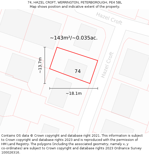 74, HAZEL CROFT, WERRINGTON, PETERBOROUGH, PE4 5BL: Plot and title map