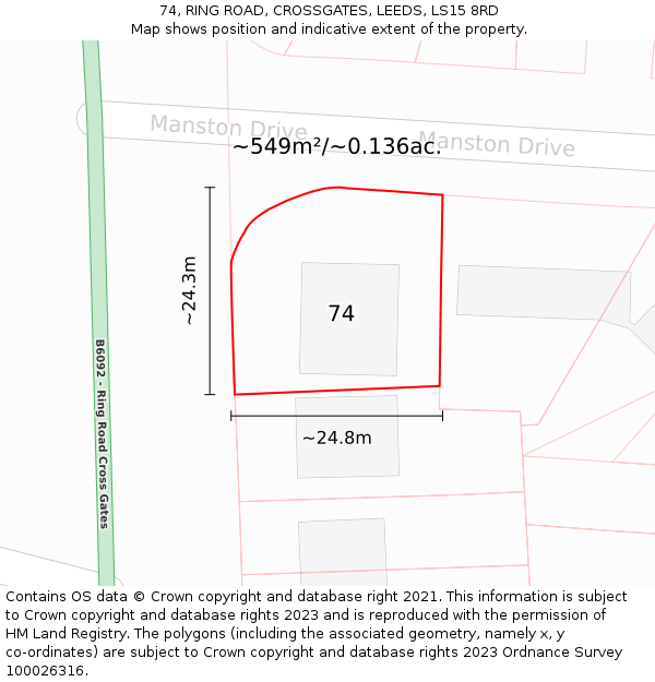 74, RING ROAD, CROSSGATES, LEEDS, LS15 8RD: Plot and title map