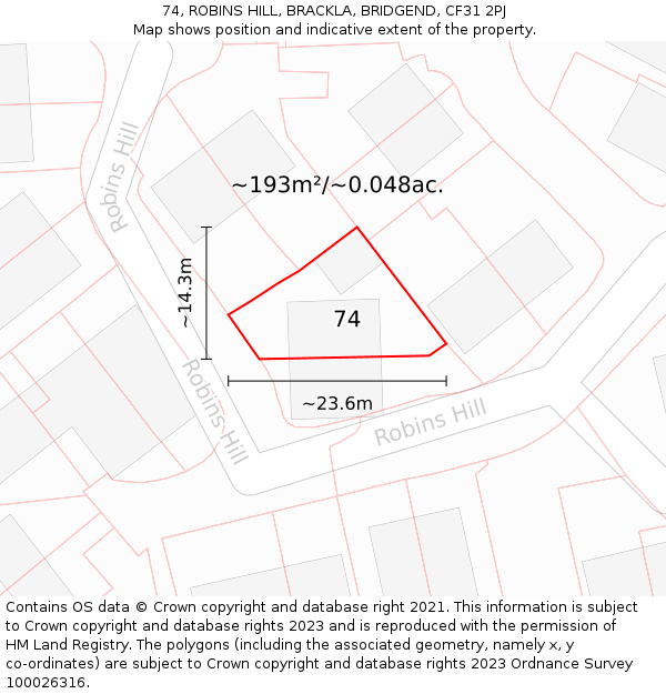 74, ROBINS HILL, BRACKLA, BRIDGEND, CF31 2PJ: Plot and title map
