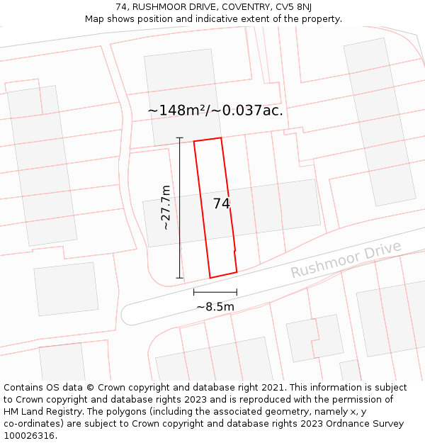74, RUSHMOOR DRIVE, COVENTRY, CV5 8NJ: Plot and title map
