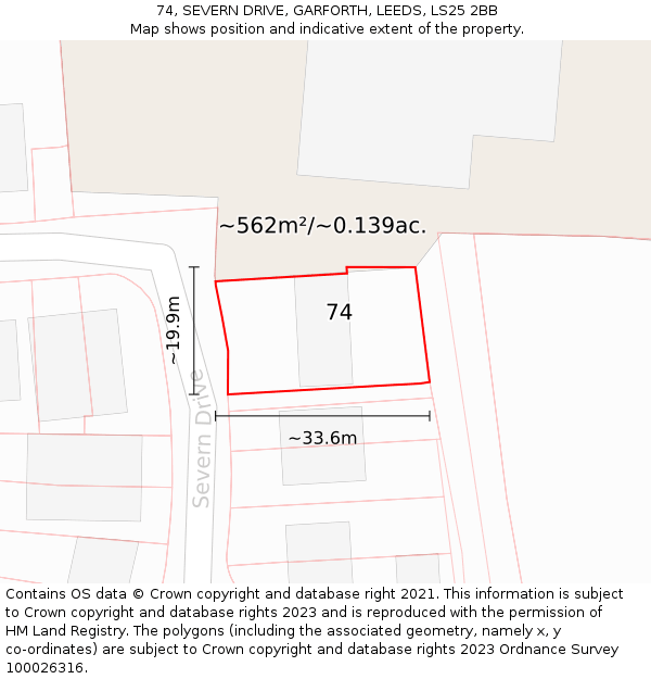 74, SEVERN DRIVE, GARFORTH, LEEDS, LS25 2BB: Plot and title map