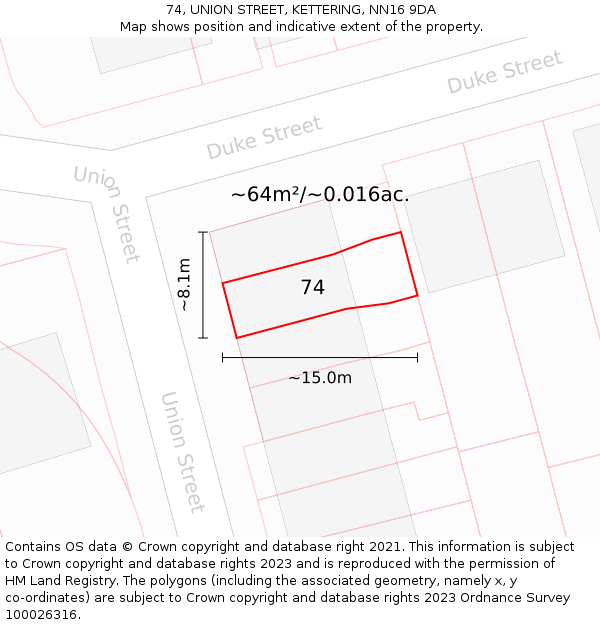 74, UNION STREET, KETTERING, NN16 9DA: Plot and title map